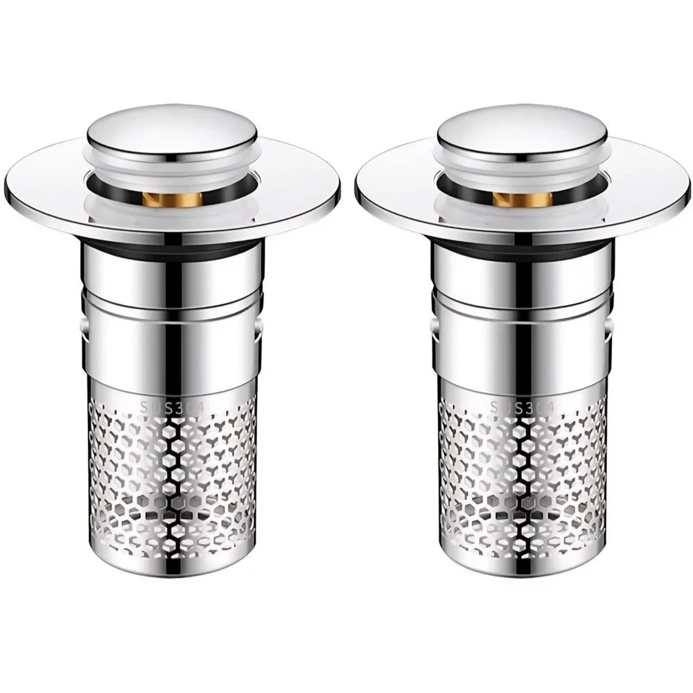 Stainless Steel Bathroom Sink Stopper – 2PCS Pop-Up Drain Plug with Hair Catcher